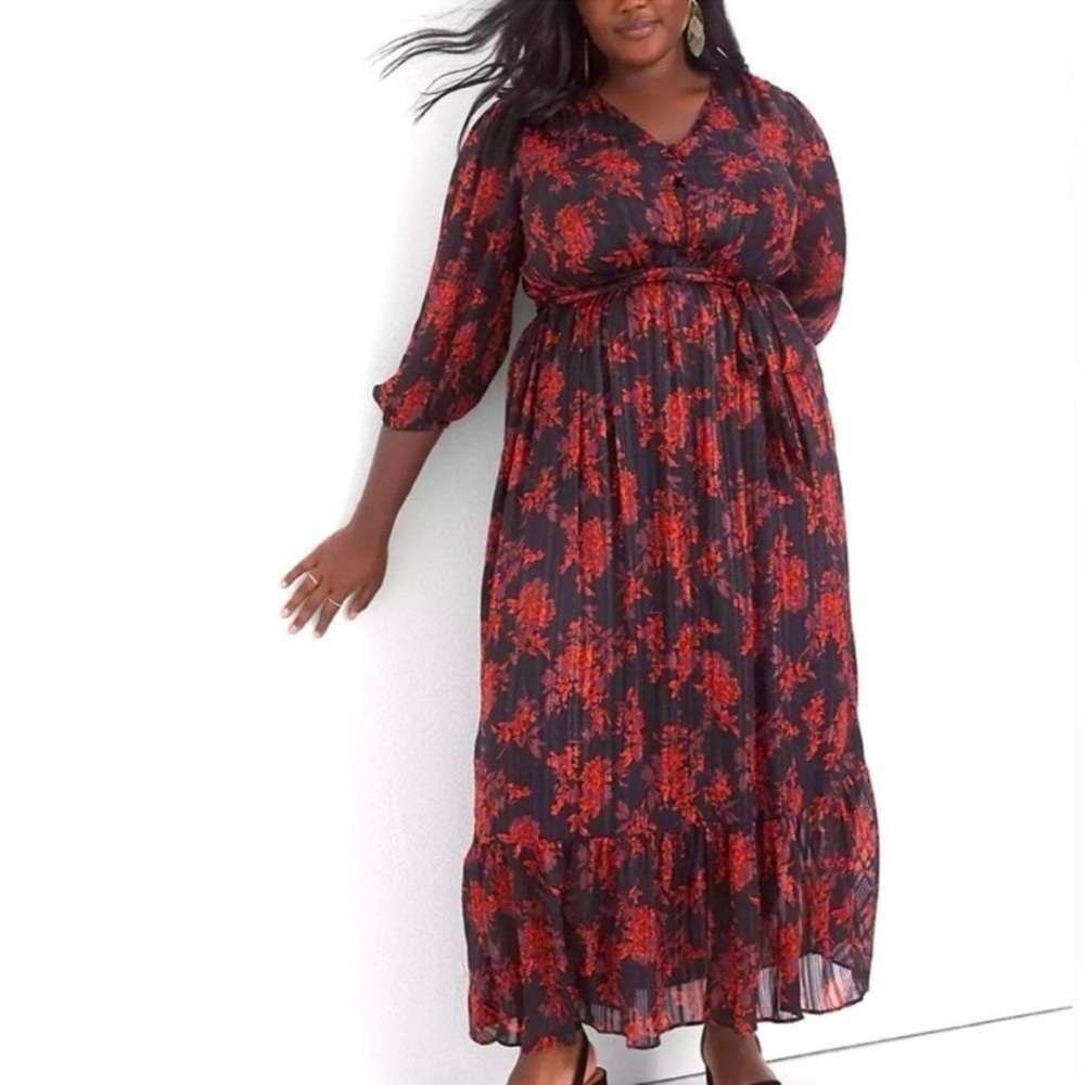 Lane Bryant Red Black Western Whimsigoth Floral Chiffon Belted Maxi Dress